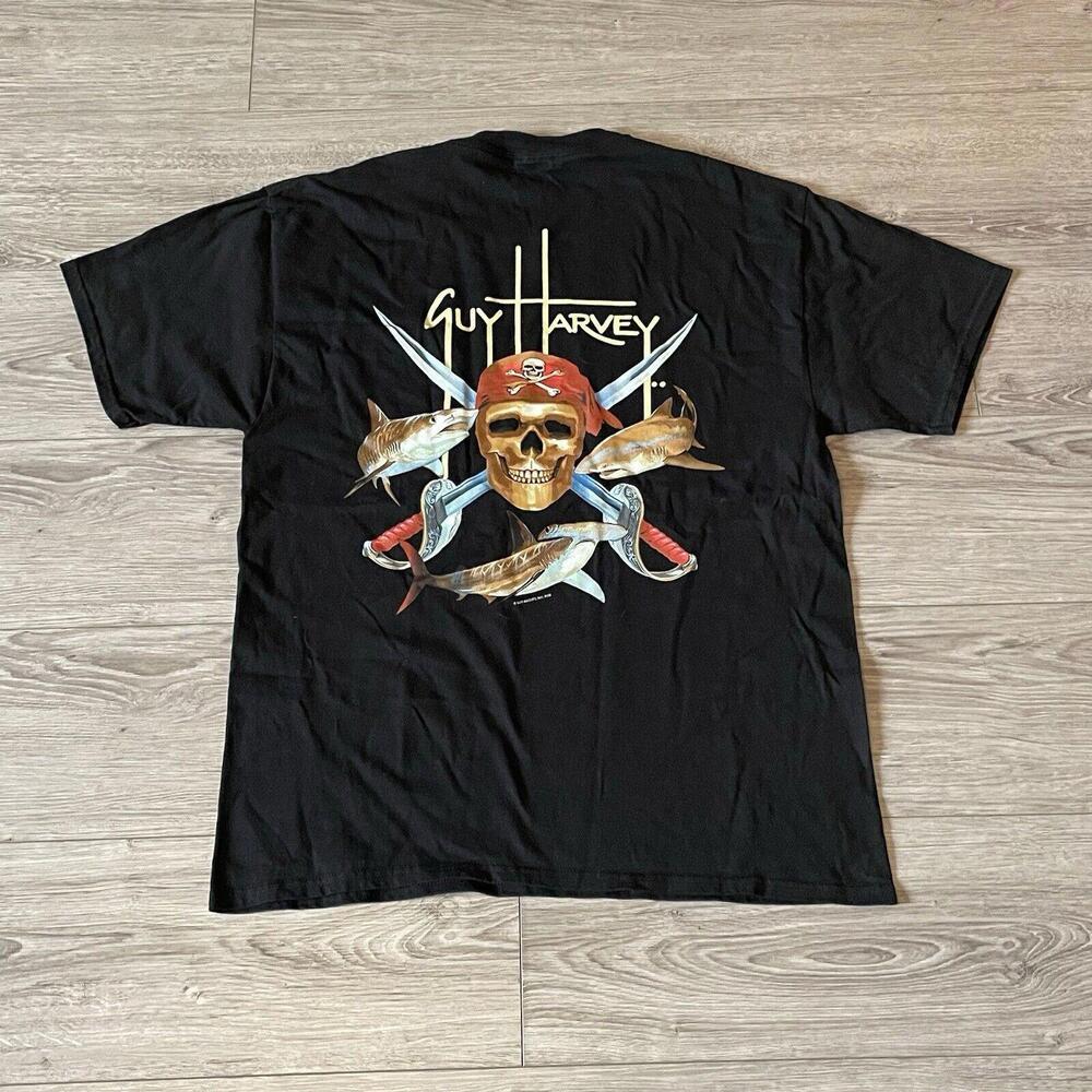 2008 Guy Harvey Original Pocket T-Shirt Size L Pirate Sharks Swords Fishing